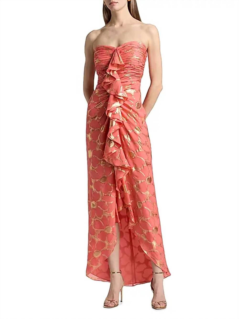 NEW RAMY BROOK daisy goldie floral strapless gown in coral jacquard